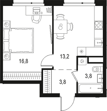 Планировка — Левел Лесной, 1-комн., 38 м²