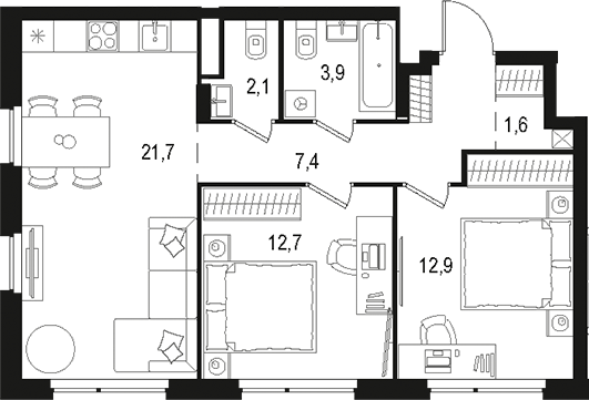 Планировка — Левел Лесной, 3-комн., 62 м²