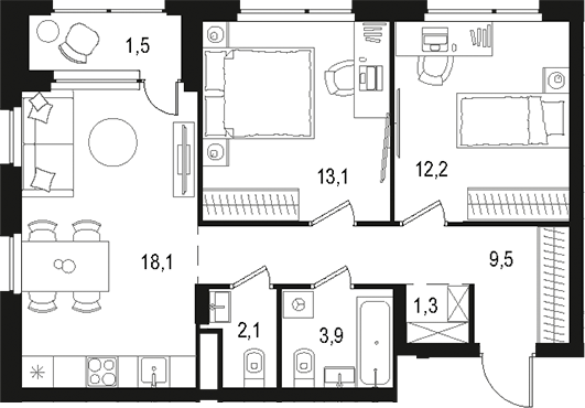 Планировка — Левел Лесной, 3-комн., 60 м²