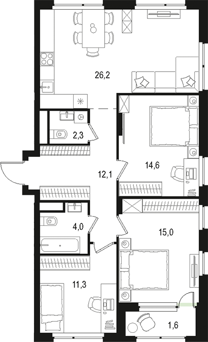 Планировка — Левел Лесной, 4-комн., 86 м²