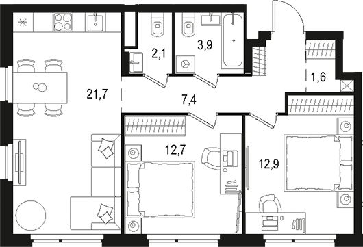 Планировка — Левел Лесной, 3-комн., 62 м²