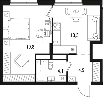 Планировка — Левел Лесной, 1-комн., 42 м²