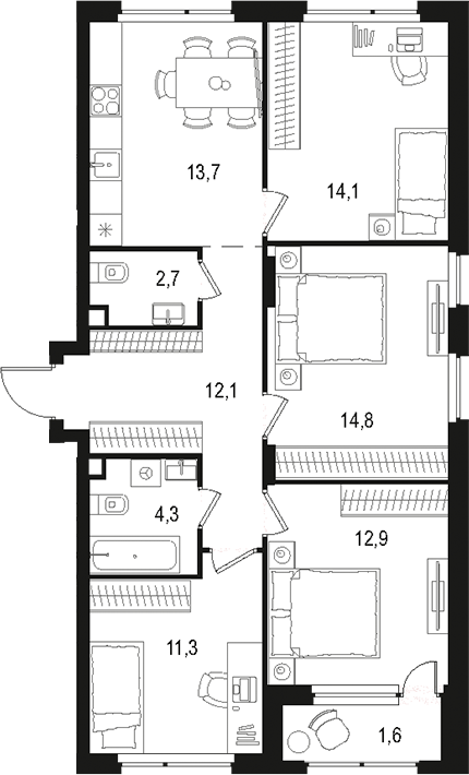 Планировка — Левел Лесной, 4-комн., 86 м²