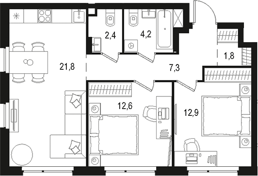 Планировка — Левел Лесной, 3-комн., 63 м²
