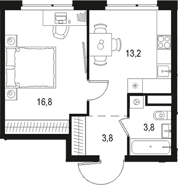 Планировка — Левел Лесной, 1-комн., 38 м²