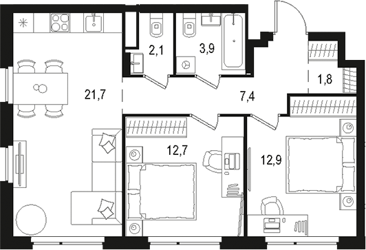 Планировка — Левел Лесной, 3-комн., 63 м²