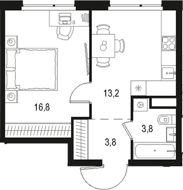 Планировка — Левел Лесной, 1-комн., 38 м²