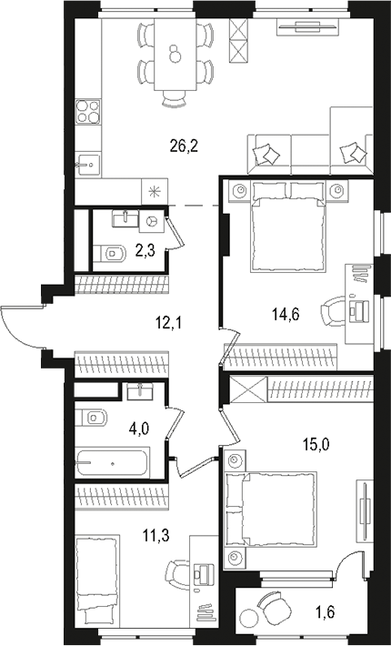 Планировка — Левел Лесной, 4-комн., 86 м²