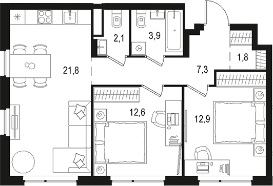 Планировка — Левел Лесной, 3-комн., 62 м²