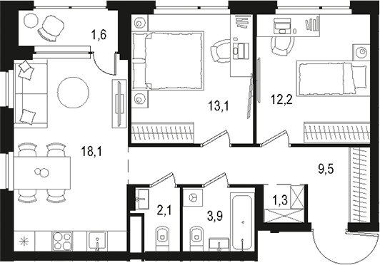 Планировка — Левел Лесной, 3-комн., 60 м²