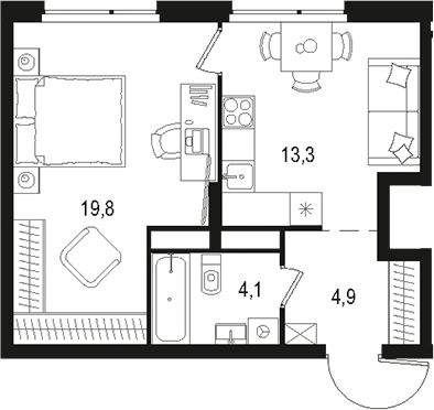 Планировка — Левел Лесной, 1-комн., 42 м²