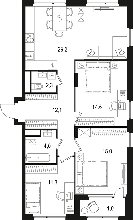 Планировка — Левел Лесной, 4-комн., 86 м²