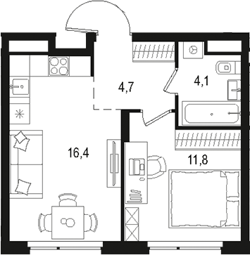 Планировка — Левел Лесной, 2-комн., 37 м²