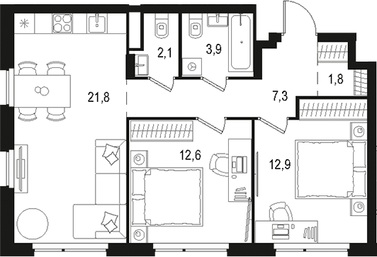 Планировка — Левел Лесной, 3-комн., 62 м²
