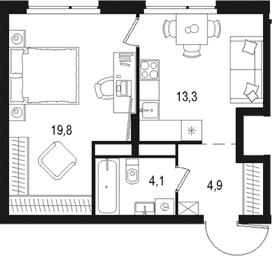 Планировка — Левел Лесной, 1-комн., 42 м²