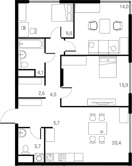 Планировка — Лесная Коллекция, 3-комн., 80 м²