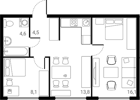 Планировка — Лесная Коллекция, 2-комн., 47 м²