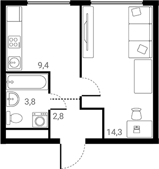 Планировка — Лесная Коллекция, 1-комн., 30 м²