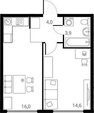 Планировка — Лесная Коллекция, 1-комн., 39 м²