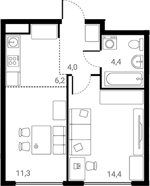 Планировка — Лесная Коллекция, 1-комн., 40 м²