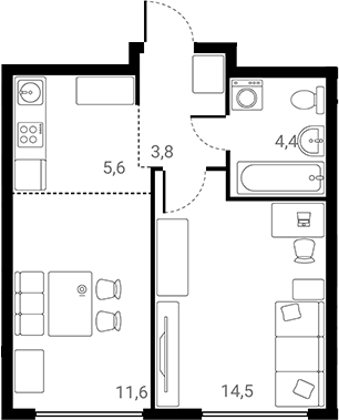Планировка — Лесная Коллекция, 1-комн., 40 м²