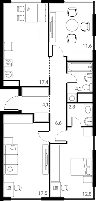 Планировка — Лесная Коллекция, 3-комн., 77 м²