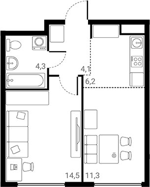 Планировка — Лесная Коллекция, 1-комн., 40 м²