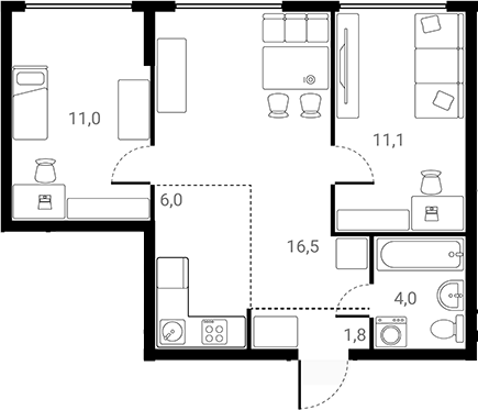 Планировка — Лесная Коллекция, 2-комн., 50 м²