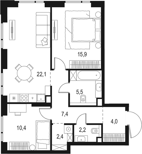 Планировка — Левел Войковская, 3-комн., 70 м²
