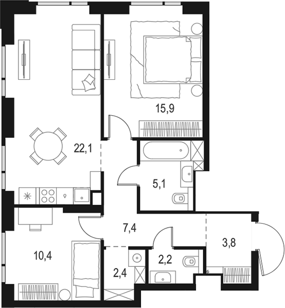 Планировка — Левел Войковская, 3-комн., 69 м²