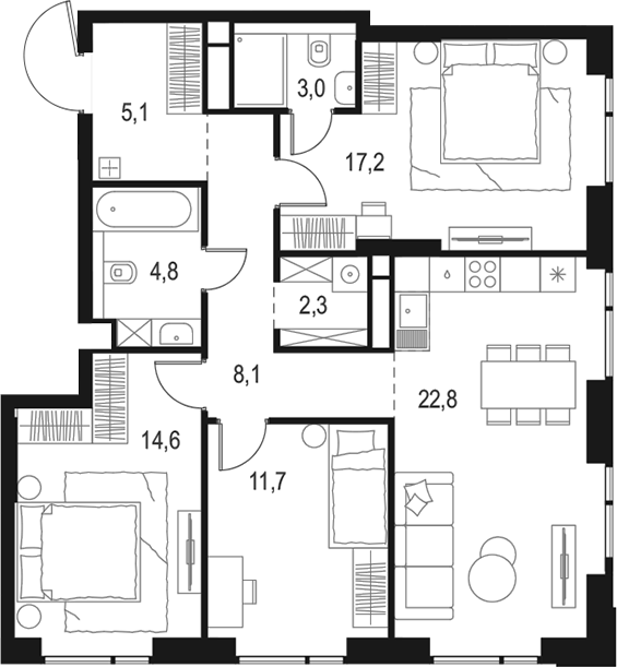 Планировка — Левел Войковская, 4-комн., 90 м²