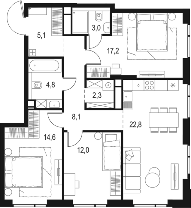 Планировка — Левел Войковская, 4-комн., 90 м²