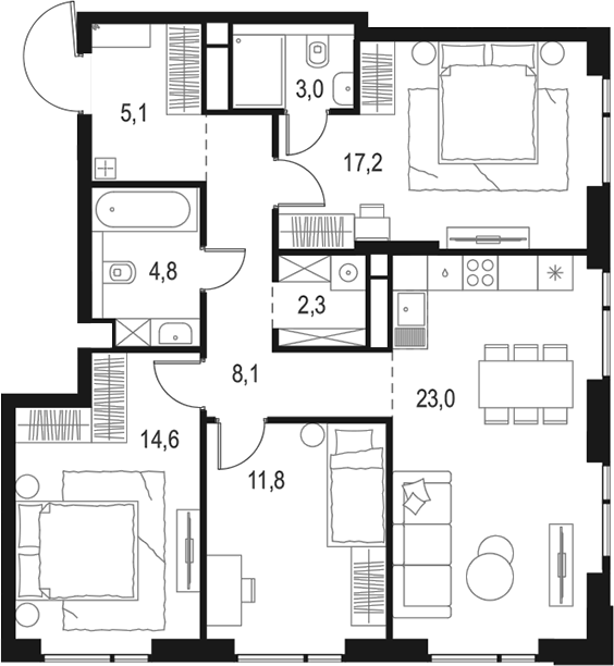 Планировка — Левел Войковская, 4-комн., 90 м²