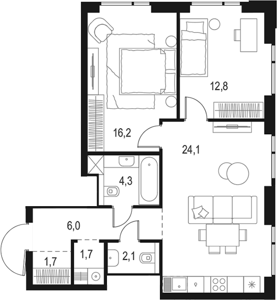 Планировка — Левел Войковская, 3-комн., 69 м²