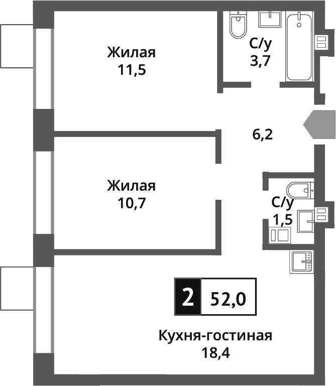 Планировка — Никольский квартал Отрада, 3-комн., 52 м²