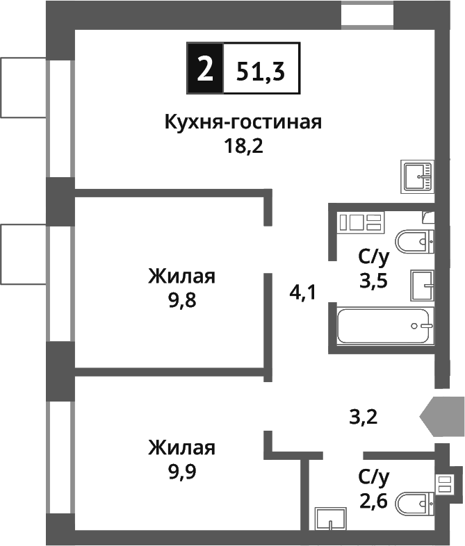 Планировка — Никольский квартал Отрада, 3-комн., 51 м²