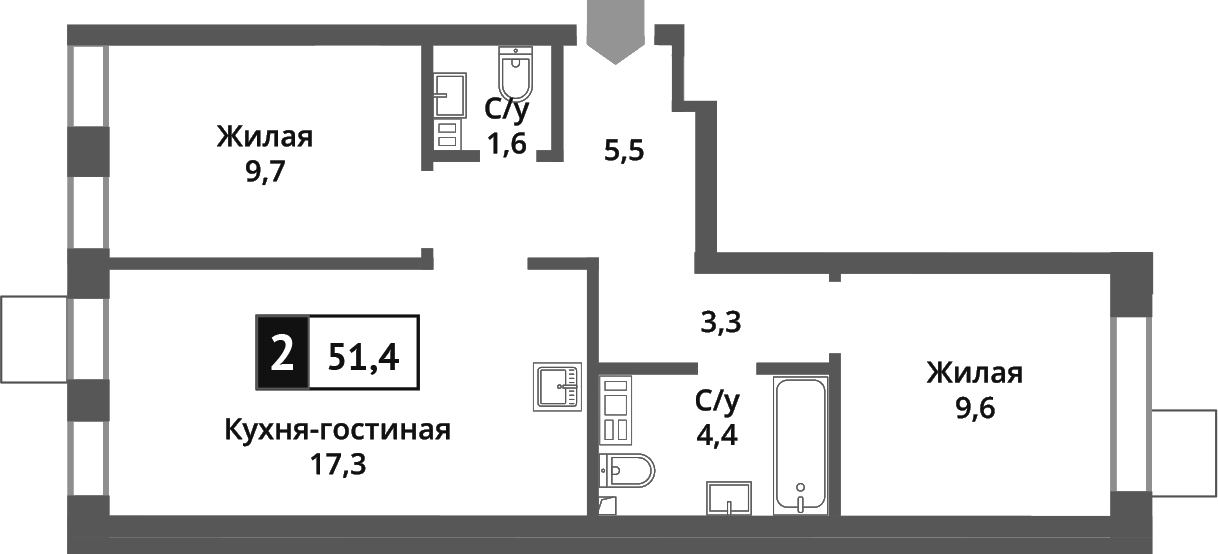 Планировка — Никольский квартал Отрада, 3-комн., 51 м²