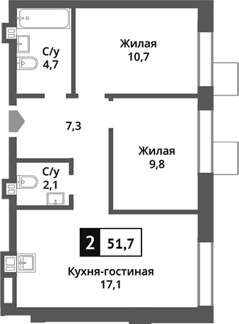 Планировка — Никольский квартал Отрада, 3-комн., 52 м²