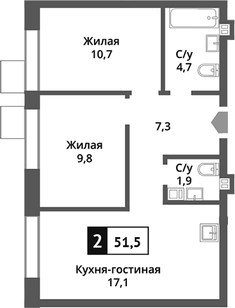 Планировка — Никольский квартал Отрада, 3-комн., 52 м²
