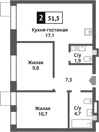 Планировка — Никольский квартал Отрада, 3-комн., 52 м²
