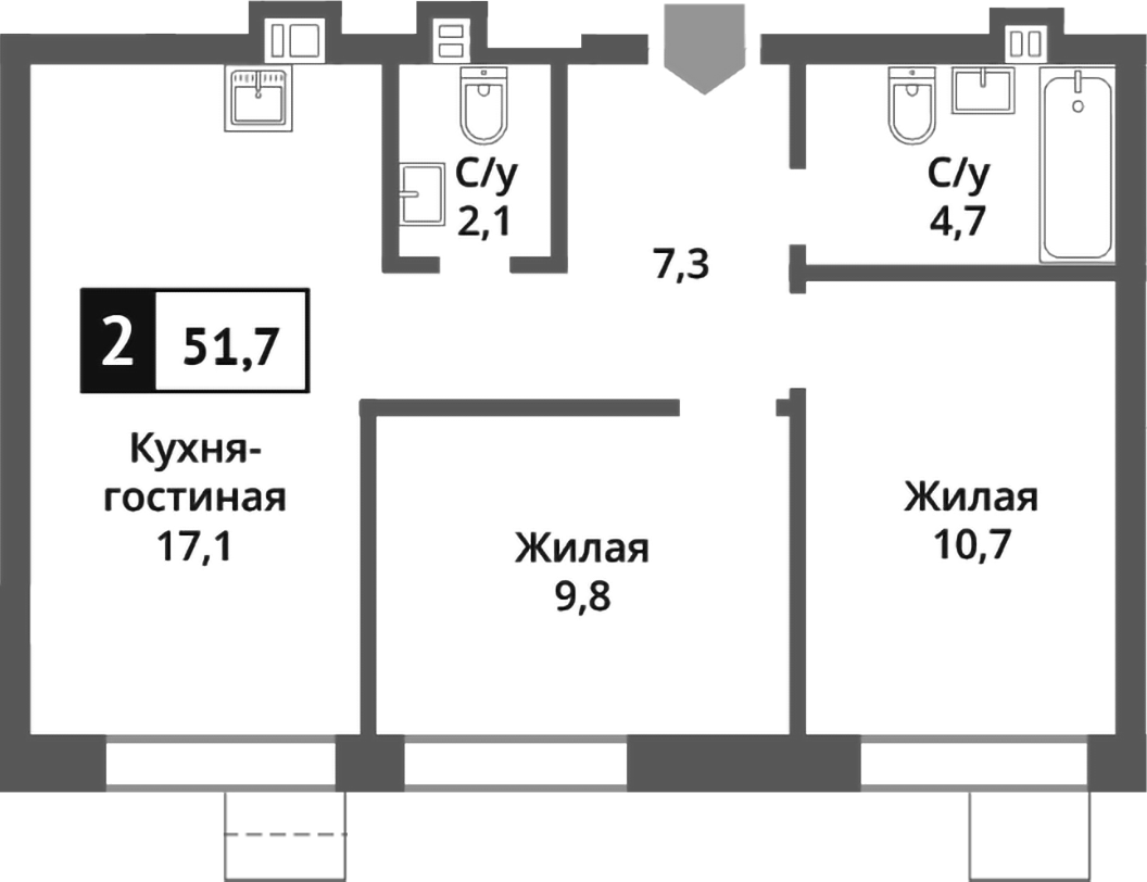 Планировка — Никольский квартал Отрада, 3-комн., 52 м²