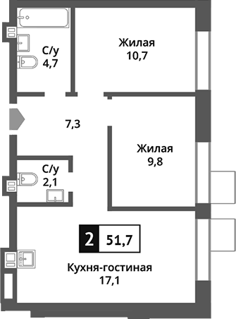 Планировка — Никольский квартал Отрада, 3-комн., 52 м²