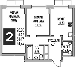 Планировка — Живописный, 2-комн., 51 м²