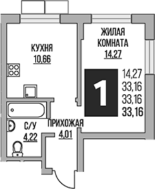 Планировка — Живописный, 1-комн., 33 м²