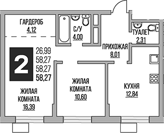 Планировка — Живописный, 2-комн., 58 м²