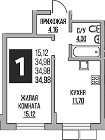Планировка — Живописный, 1-комн., 35 м²