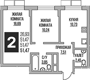 Планировка — Живописный, 2-комн., 51 м²