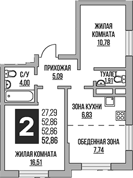 Планировка — Живописный, 3-комн., 53 м²