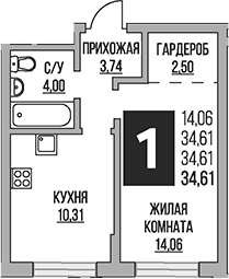 Планировка — Живописный, 1-комн., 35 м²