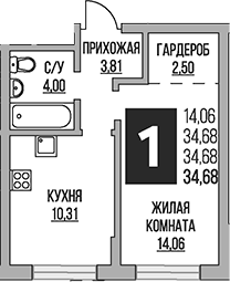 Планировка — Живописный, 1-комн., 35 м²